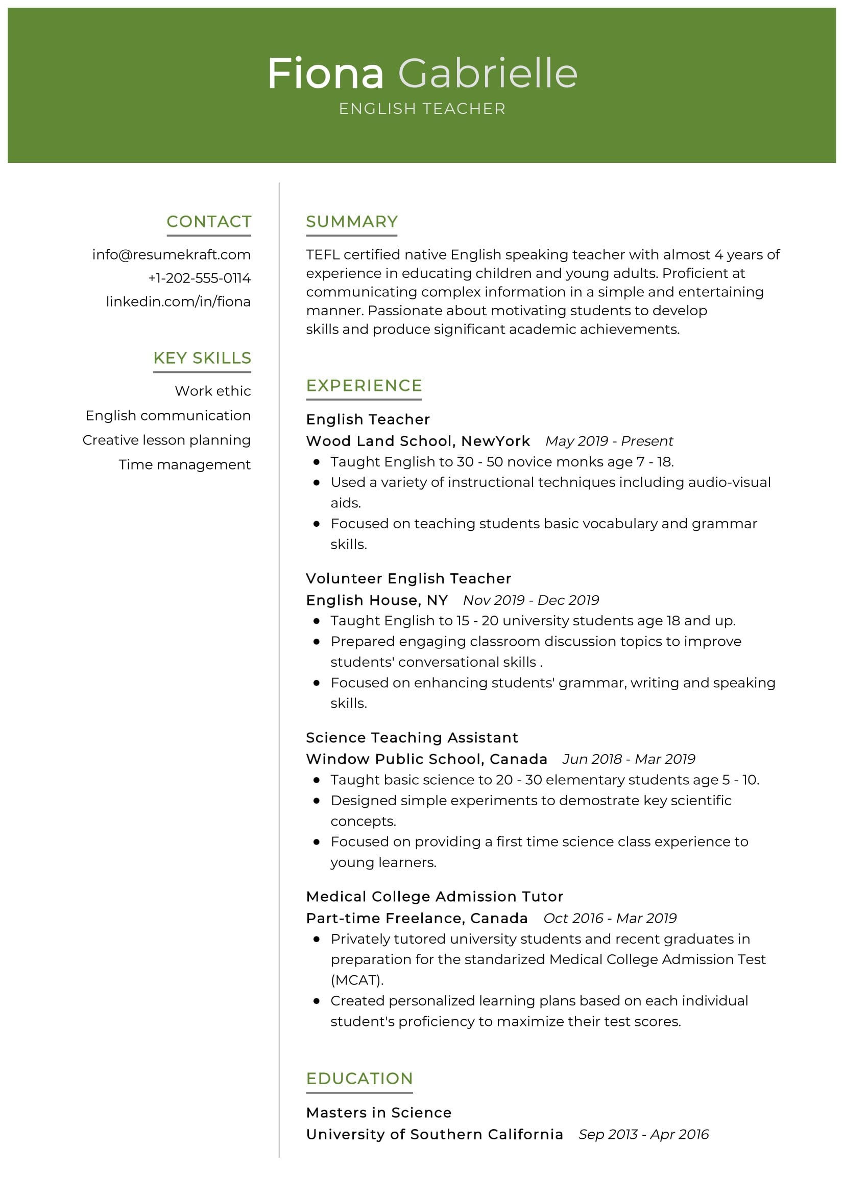 english teacher resume sample