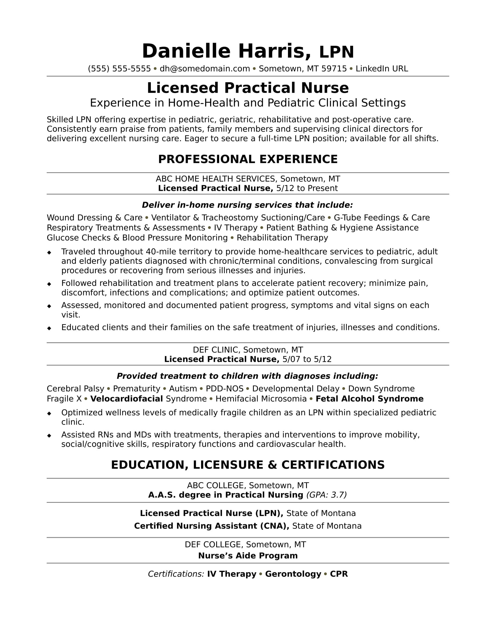 sample resume licensed practical nurse