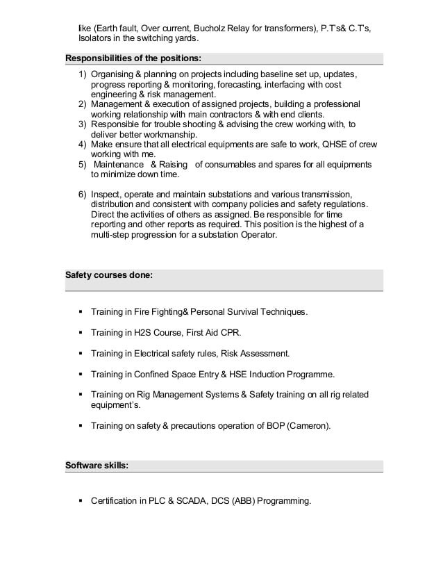 resume electrical engineer for oil and gas
