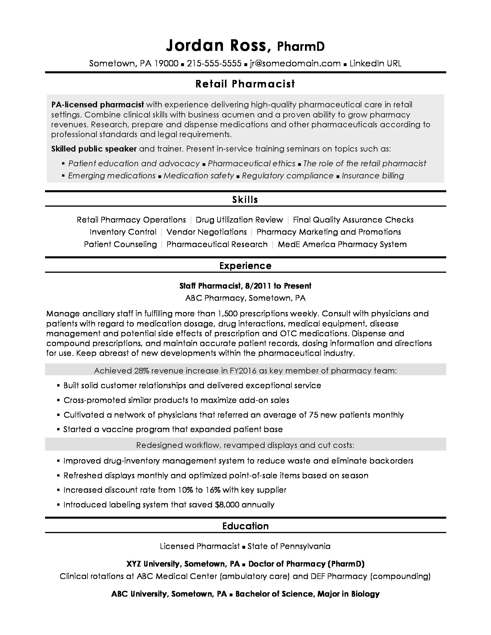 sample resume pharmacist