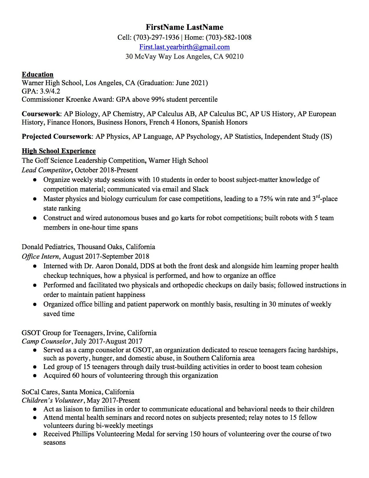 high school resume template