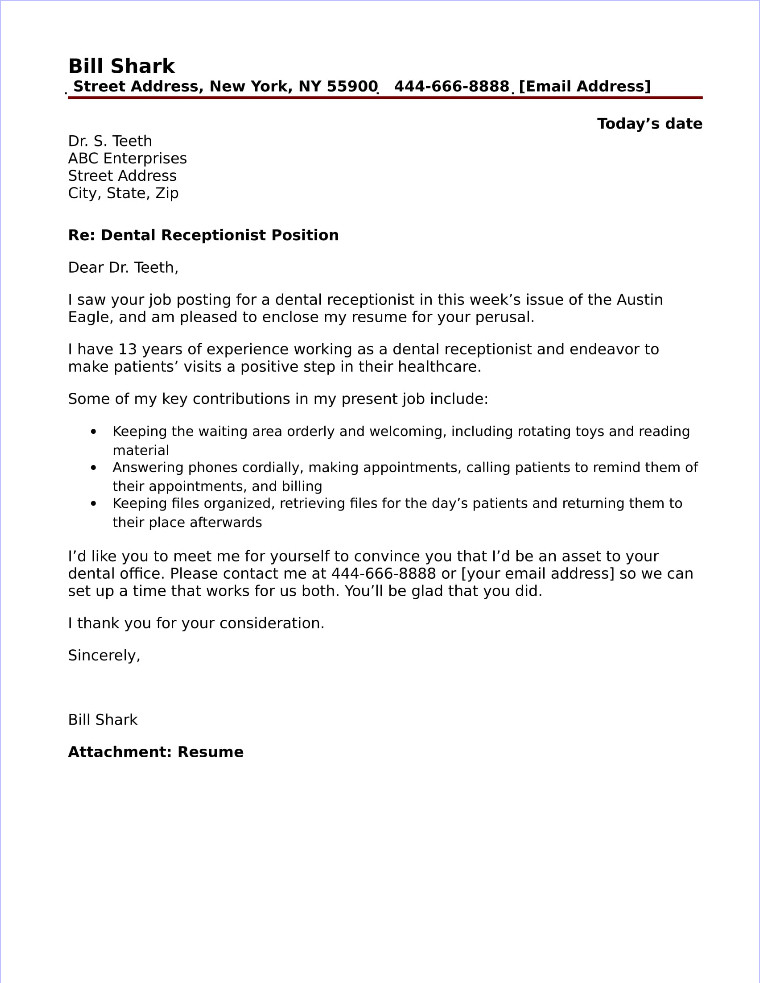 dental receptionist cover letter sample