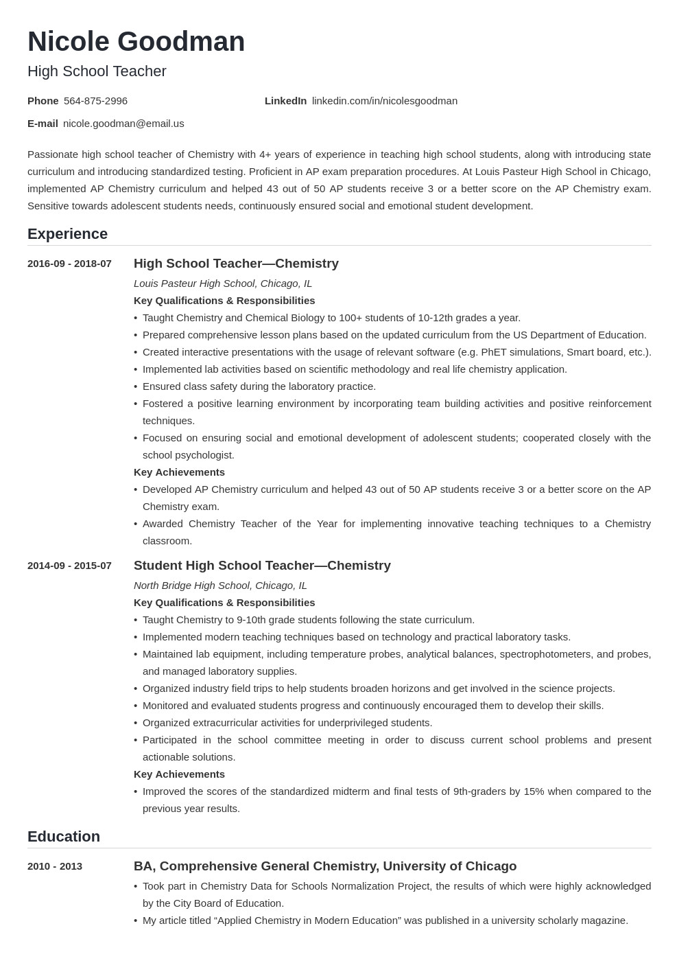 high school teacher resume example