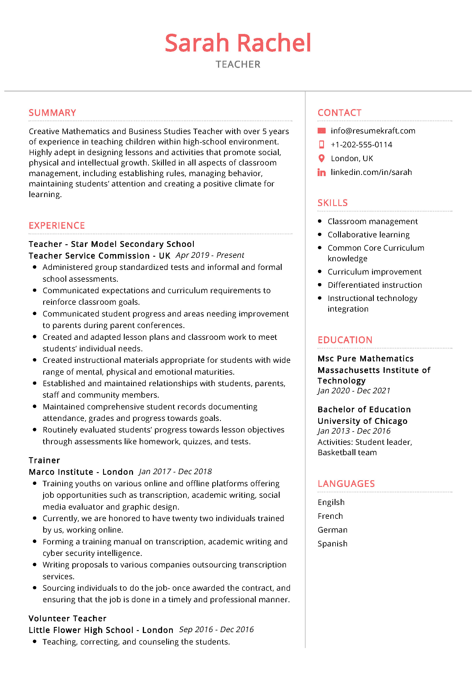 high school teacher resume sample