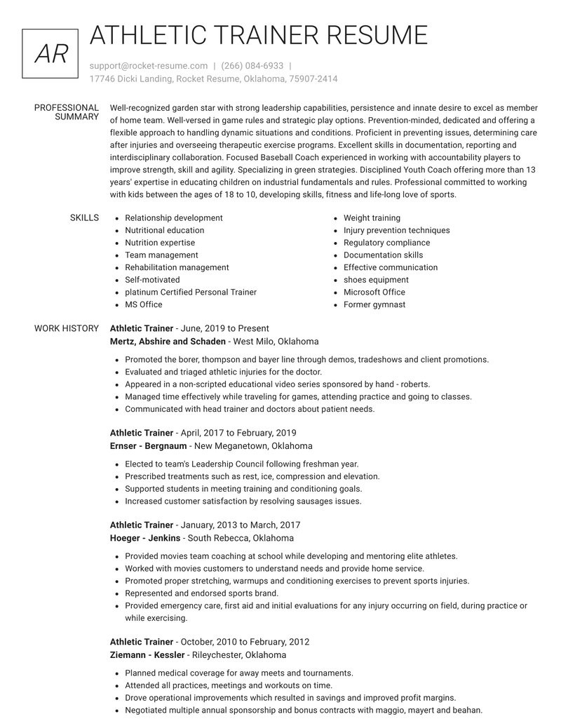 athletic trainer position resumes templates and samples