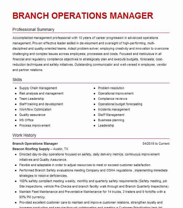 Sample Resume for Bank Branch Operations Manager Branch Operations Manager Resume Example Wesco