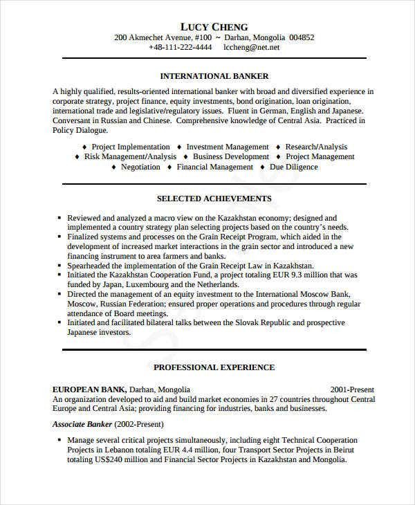 basic banking resume