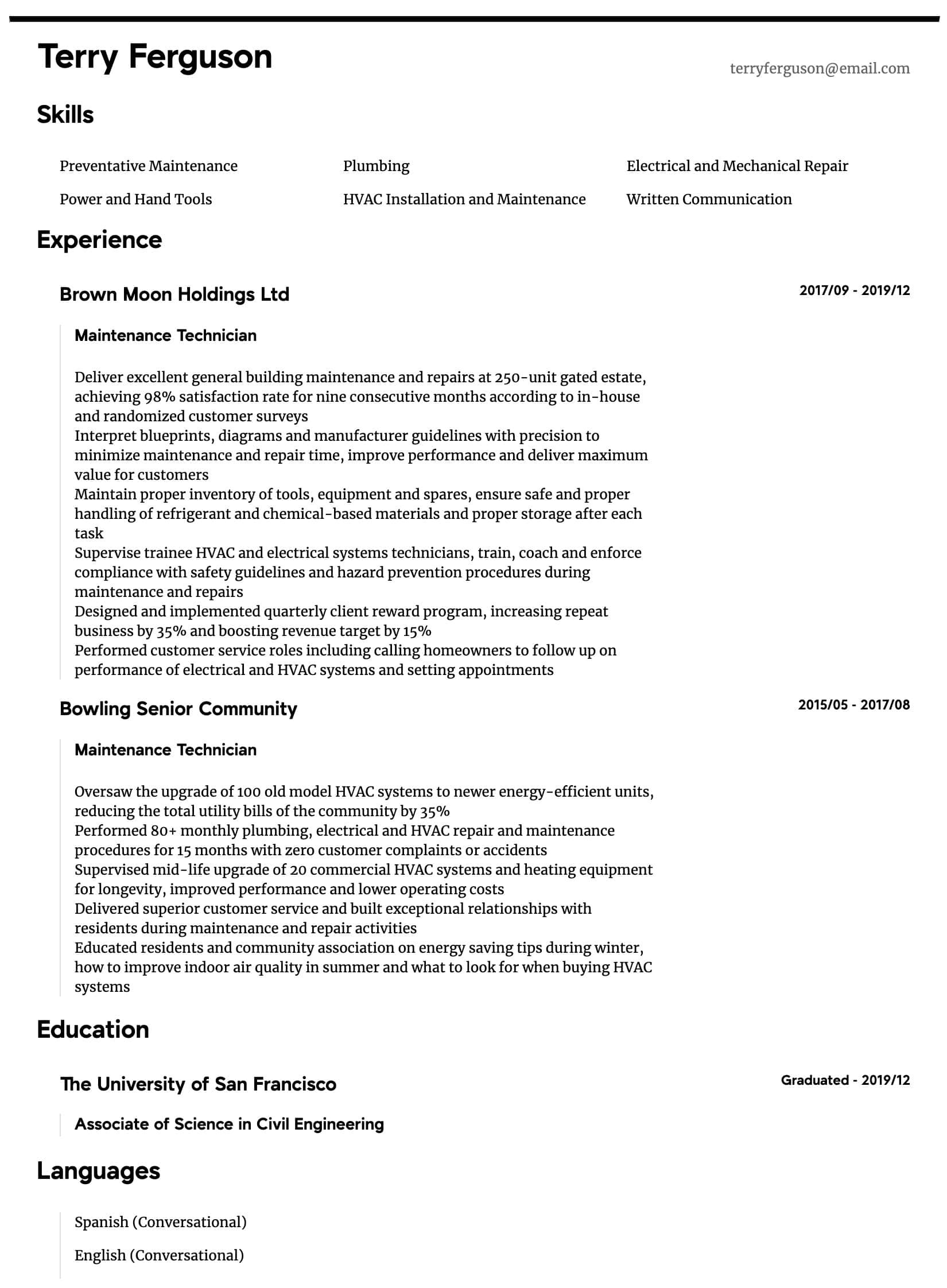 maintenance technician resume sample