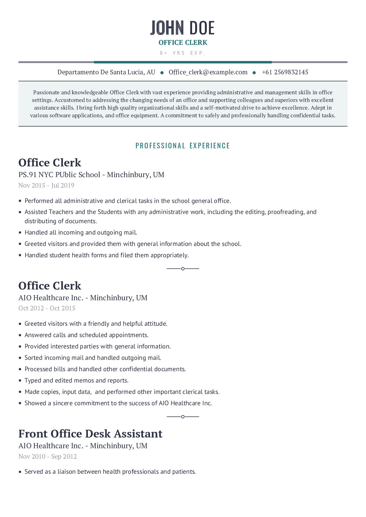 Sample Resume for Clerical Office Work Office Clerk Resume Example with Content Sample Craftmycv