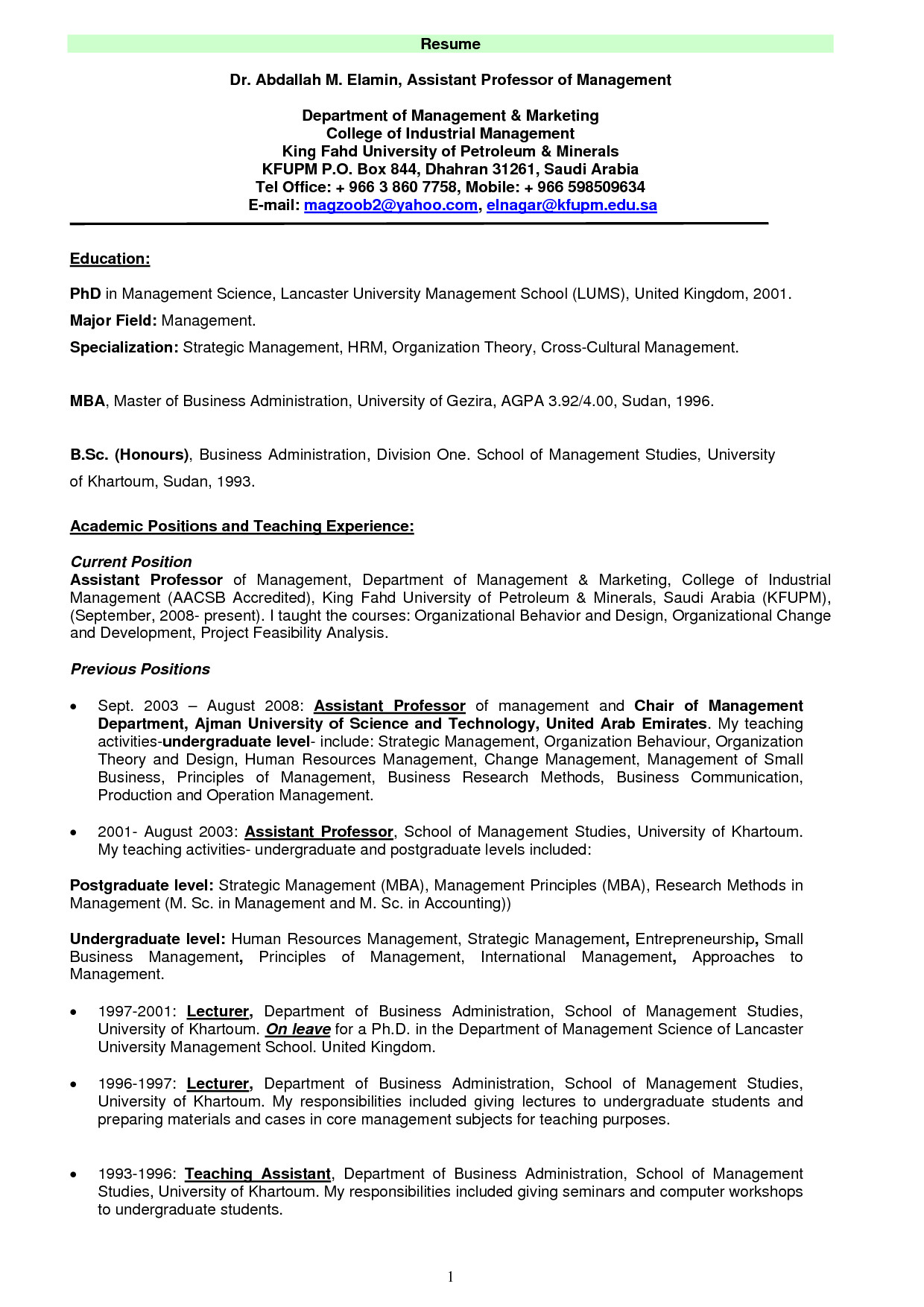 professor resume template