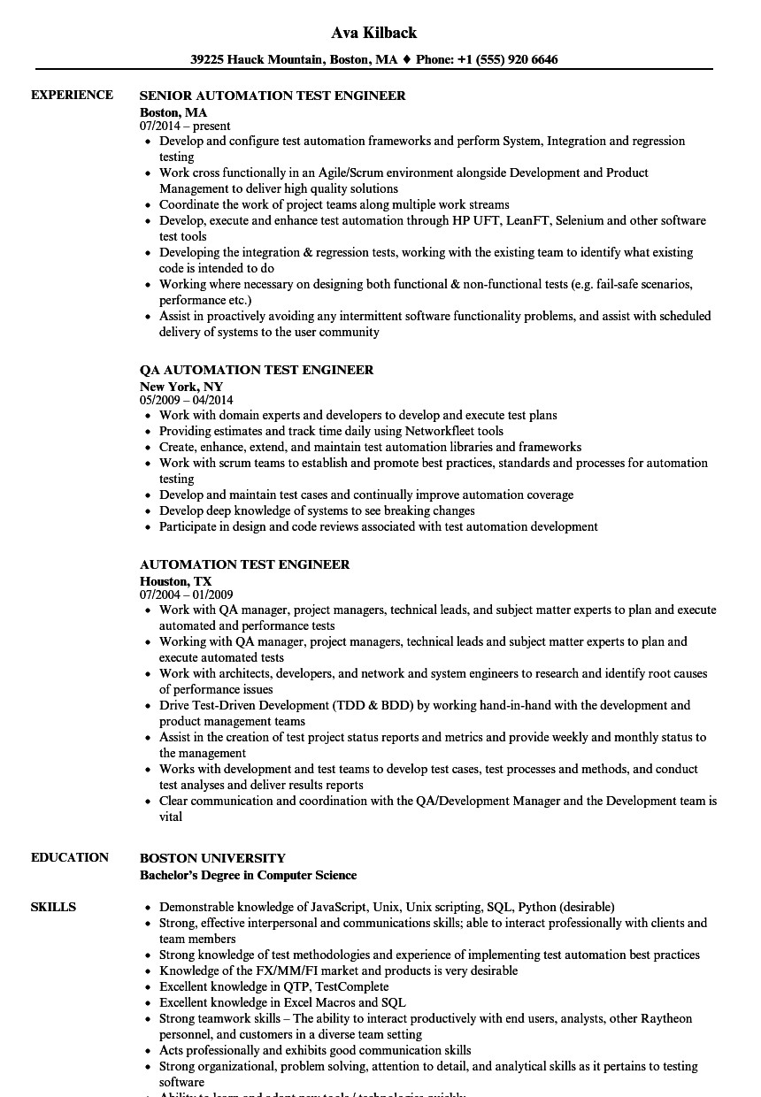 automation test engineer resume sample