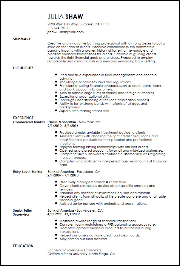 resume for experienced banking