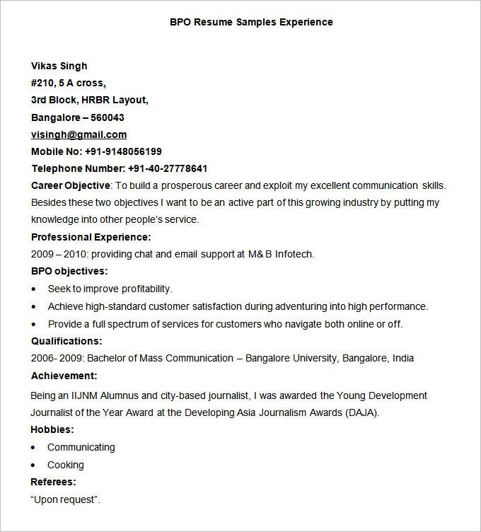 bpo resume template