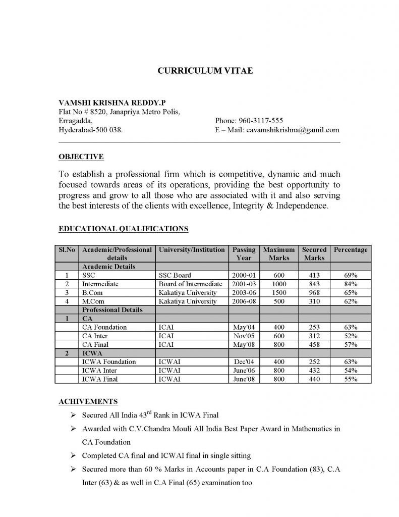 experienced chartered accountant resume