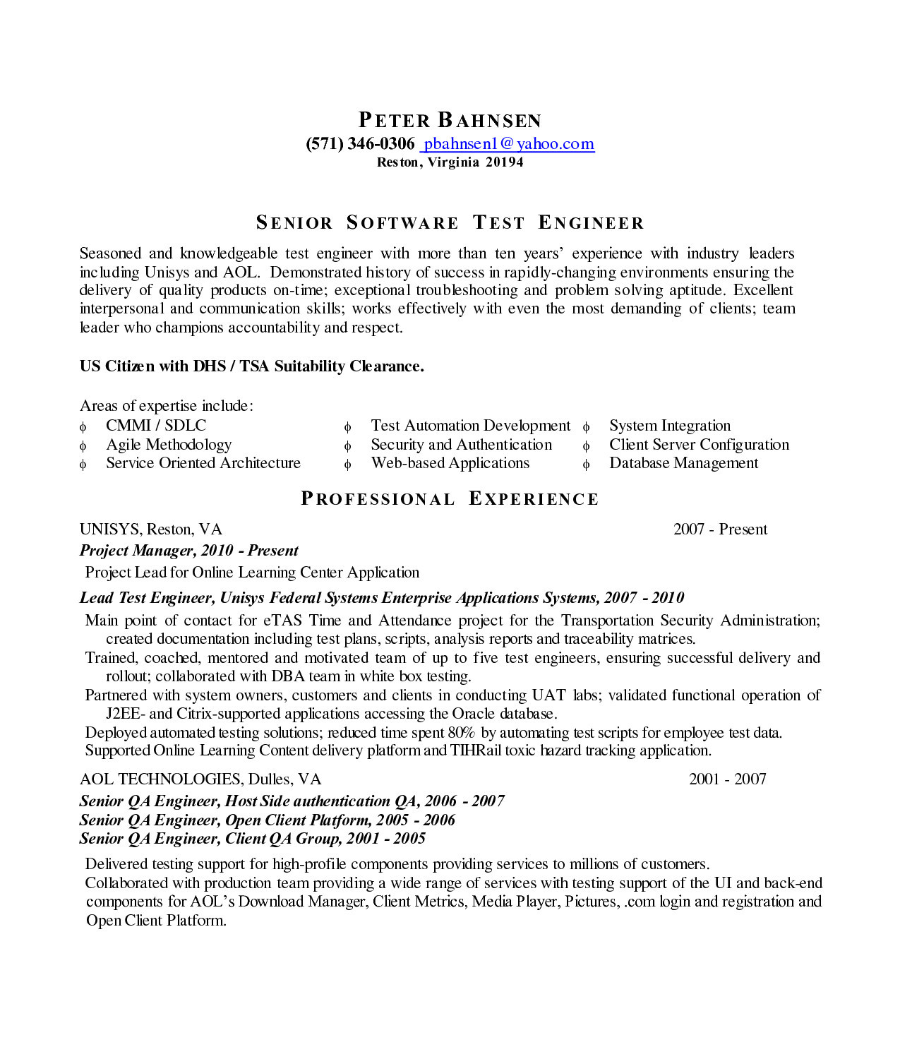 sample resume for software test engineer with experience