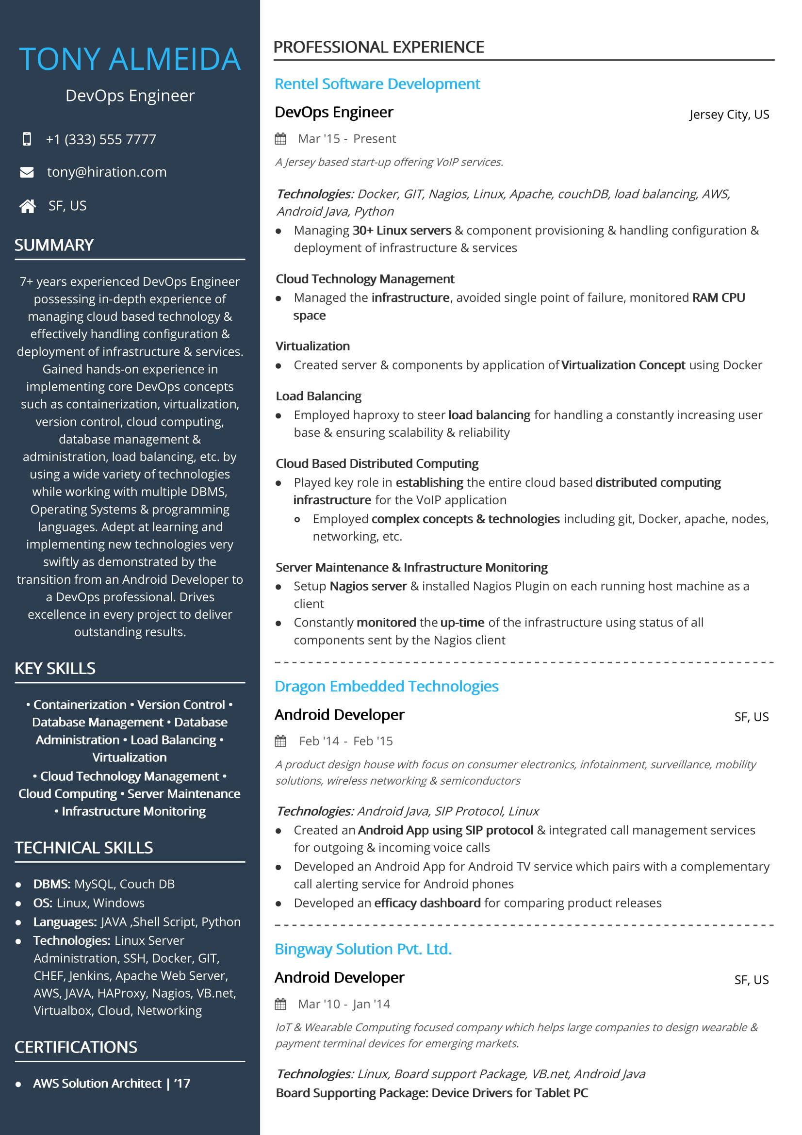 devops engineer resume sample