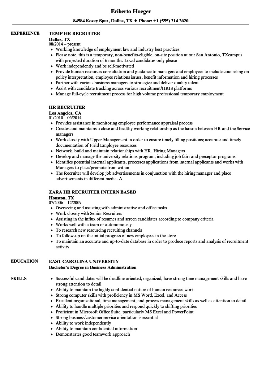 sample hr recruiter resumes