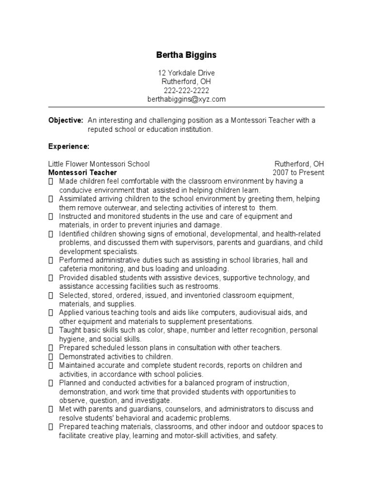 Montessori Teacher Resume Sample 5