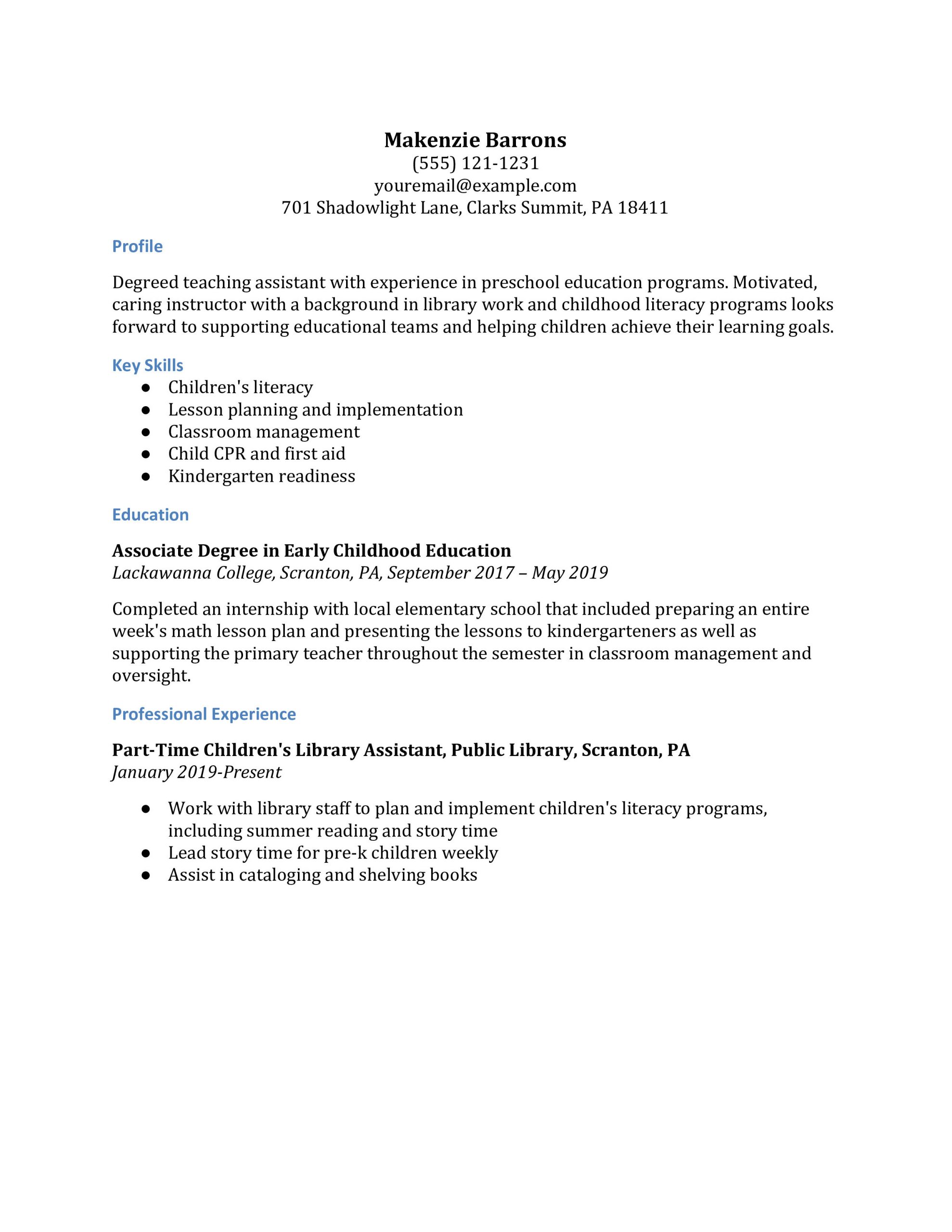 teacher assistant resume examples