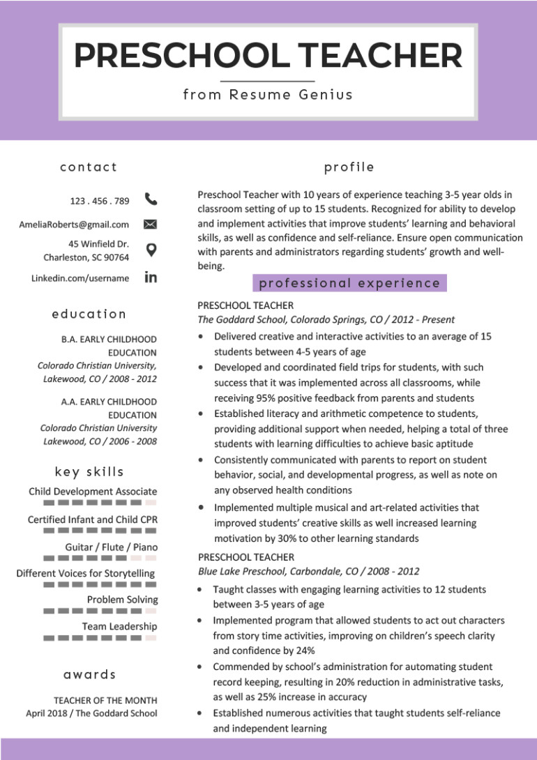 preschool teacher resume