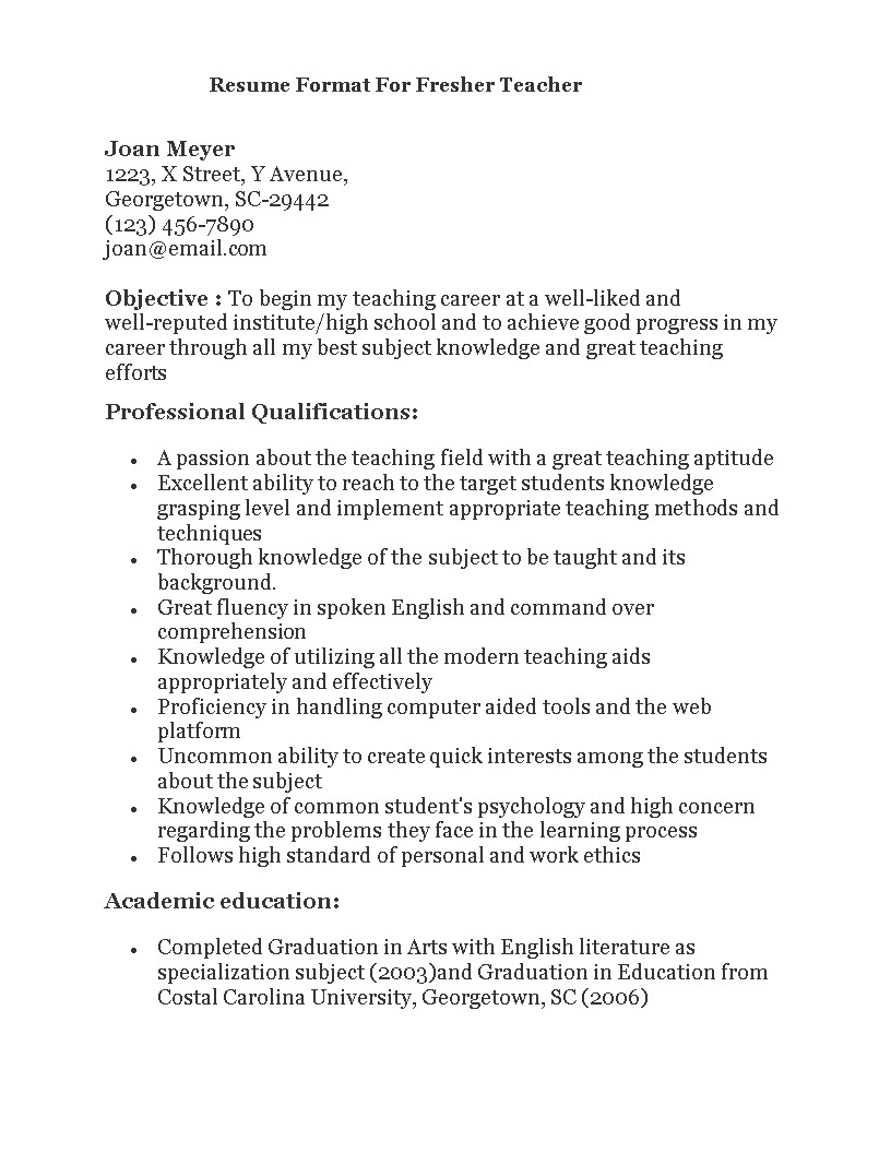 fresher teacher resume format