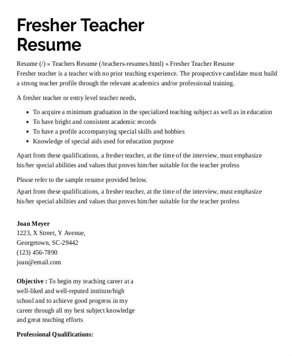 resume format for kindergarten teacher fresher
