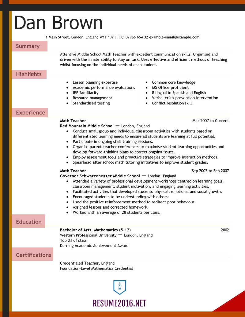 teacher resume 2016 for elementary school