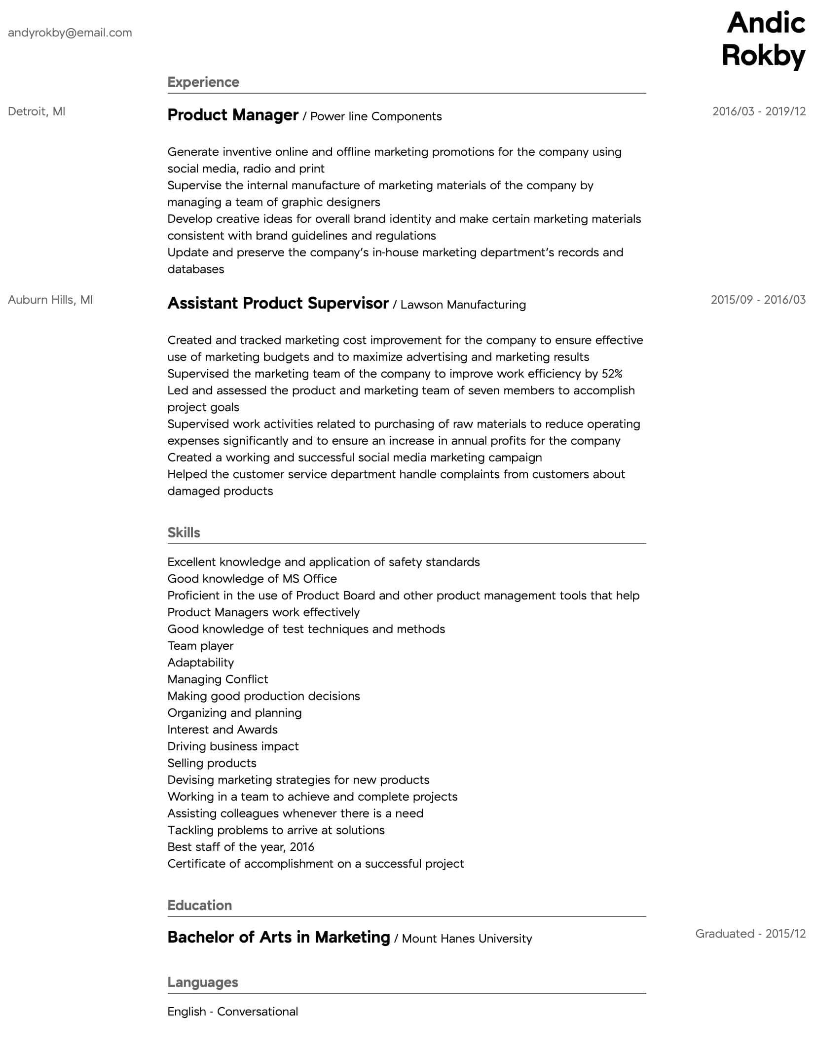 product manager resume sample