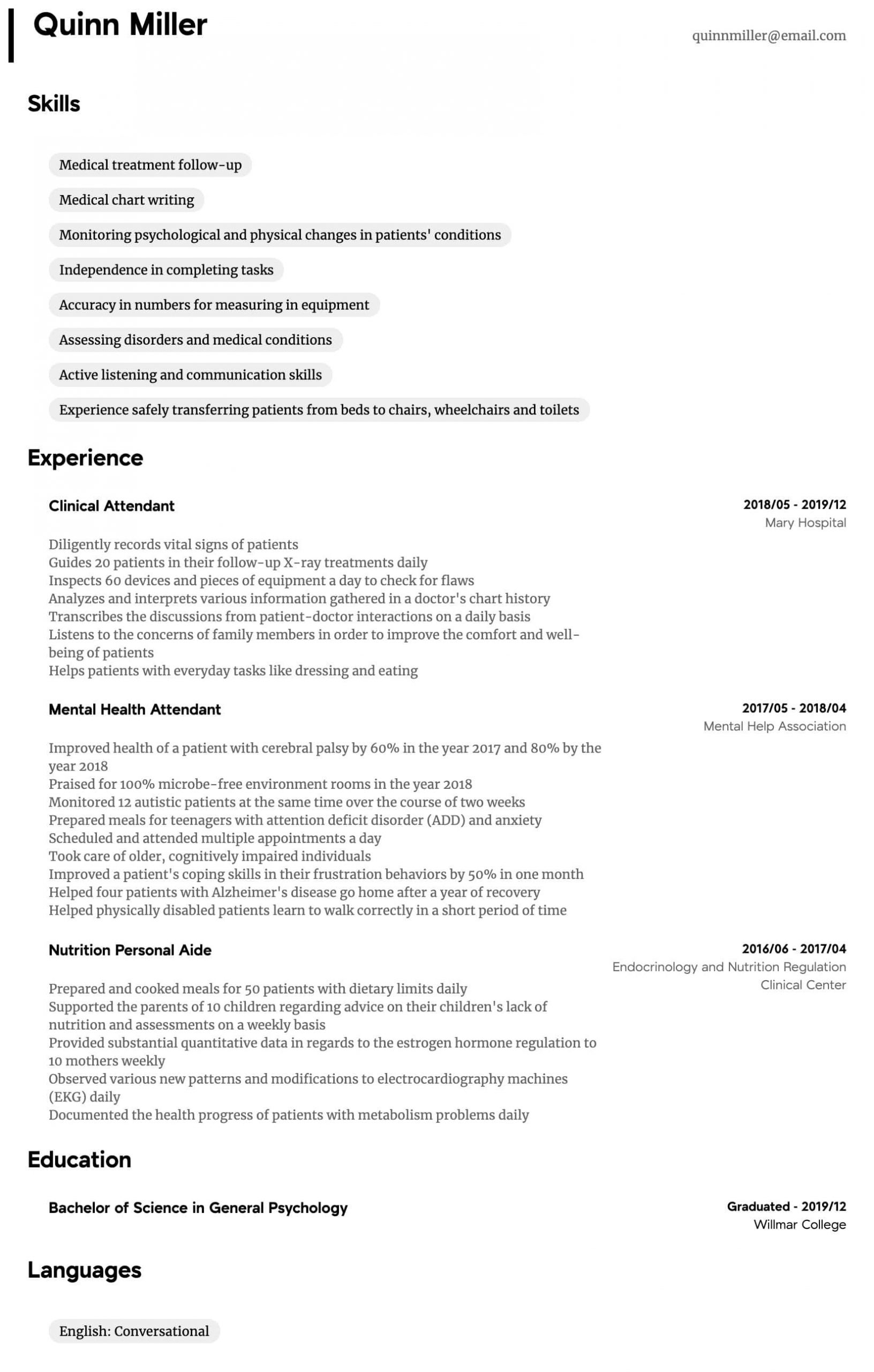 personal care attendant resume sample