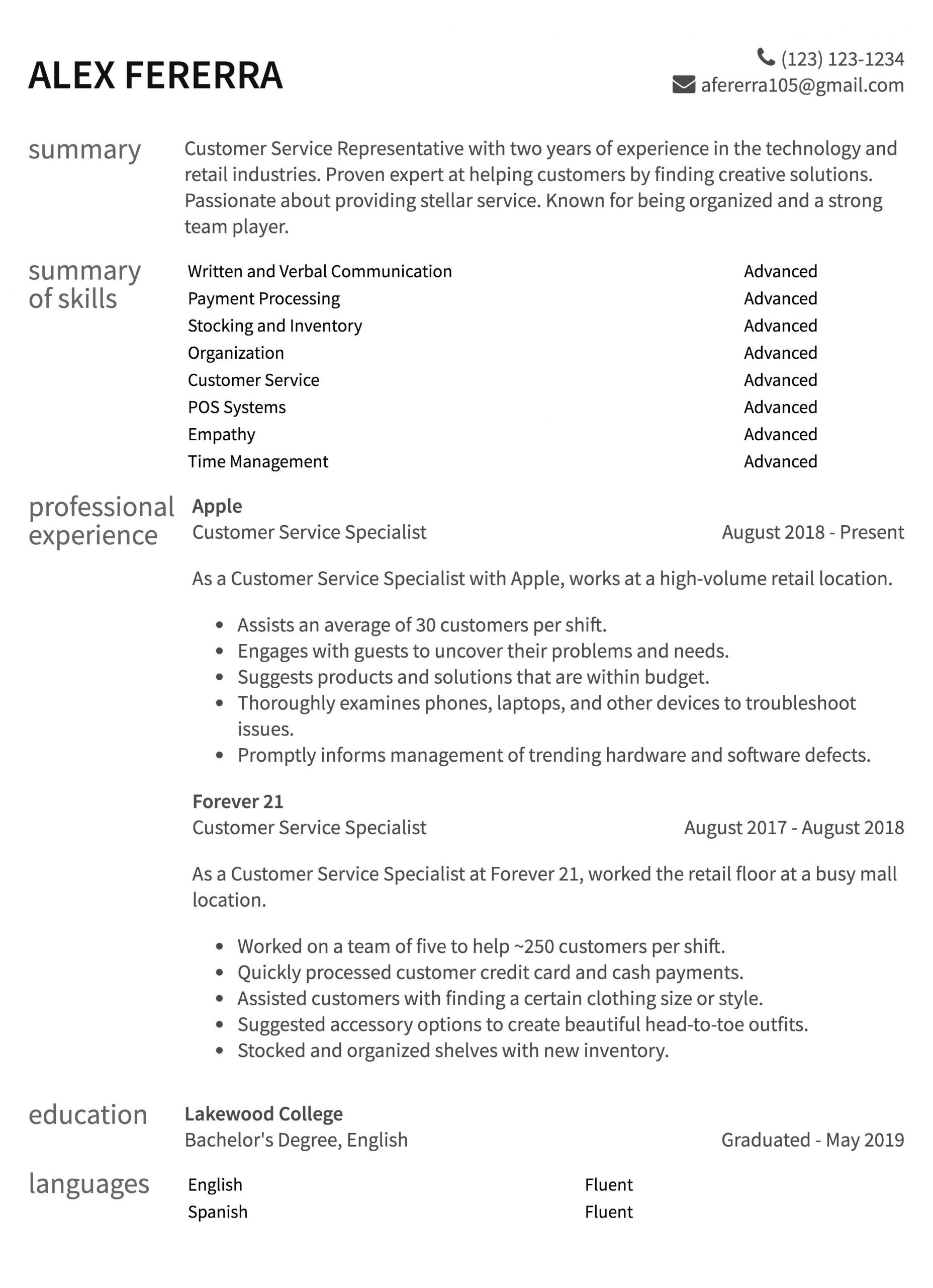 best call center customer service one page resume sample