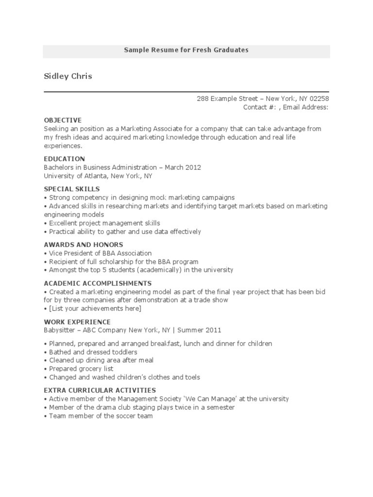 Sample Resume for Fresh Graduates