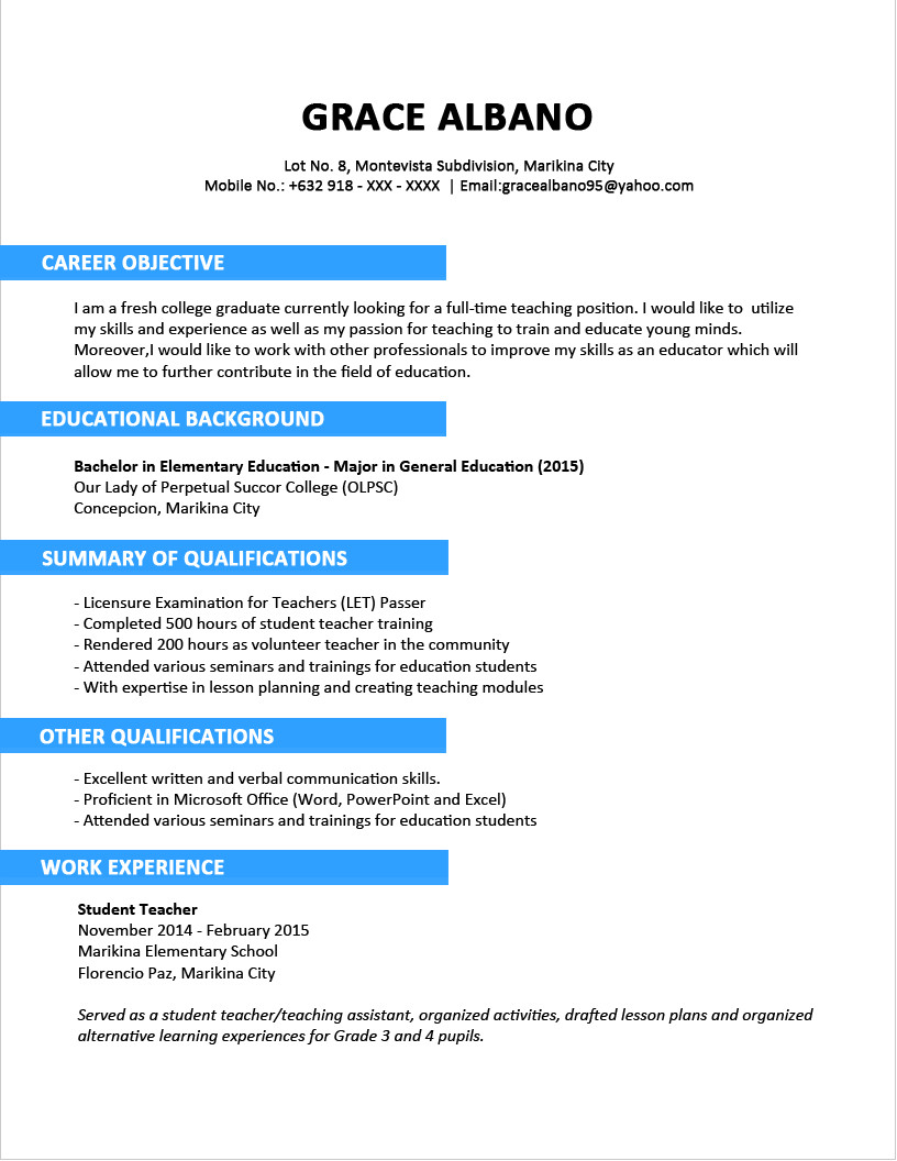 sample resume format fresh graduates two page