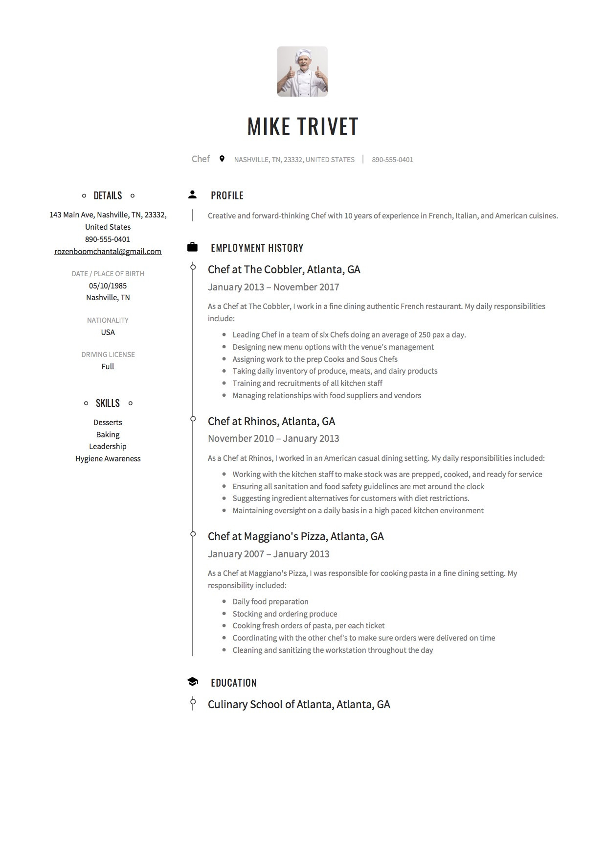 chef resume sample pdfml