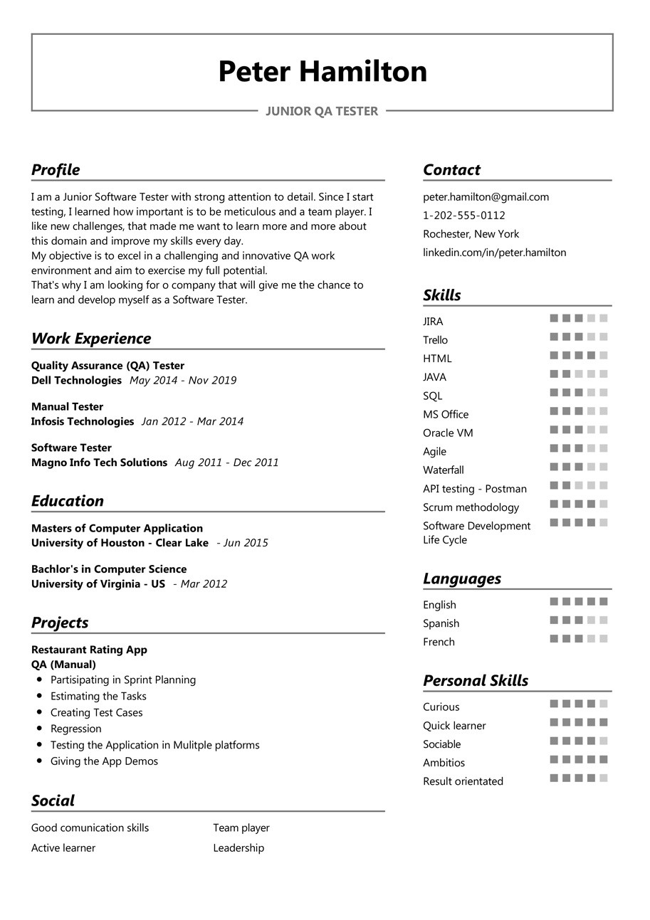 junior qa tester resume example
