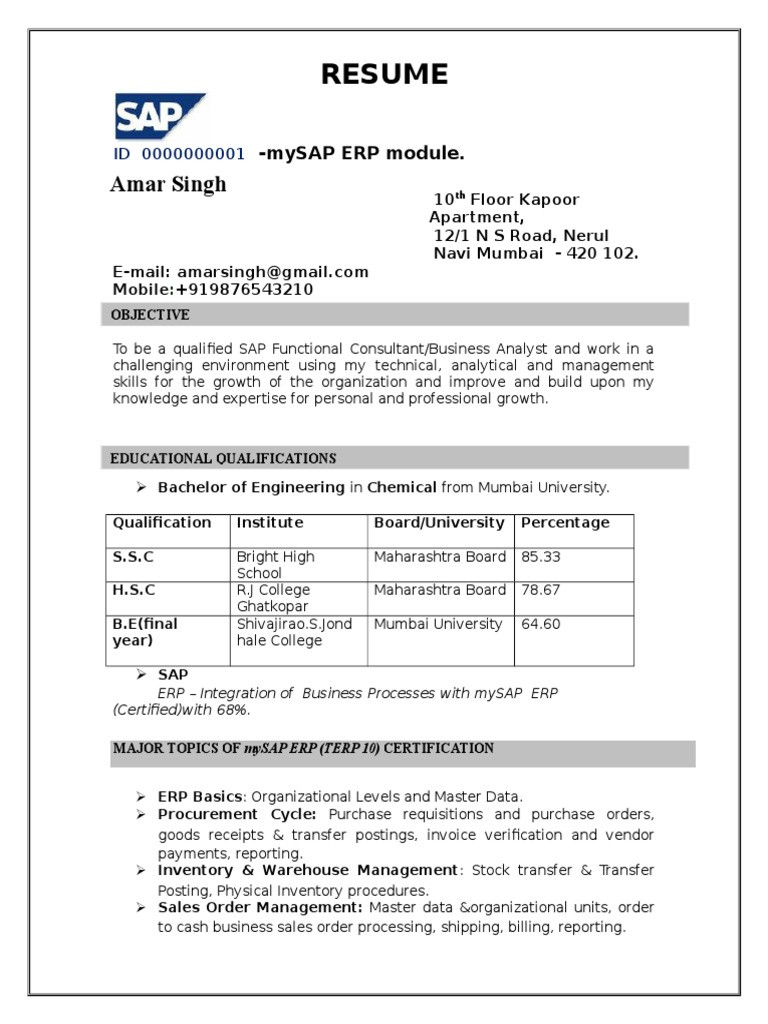 SAP SD Resume Format