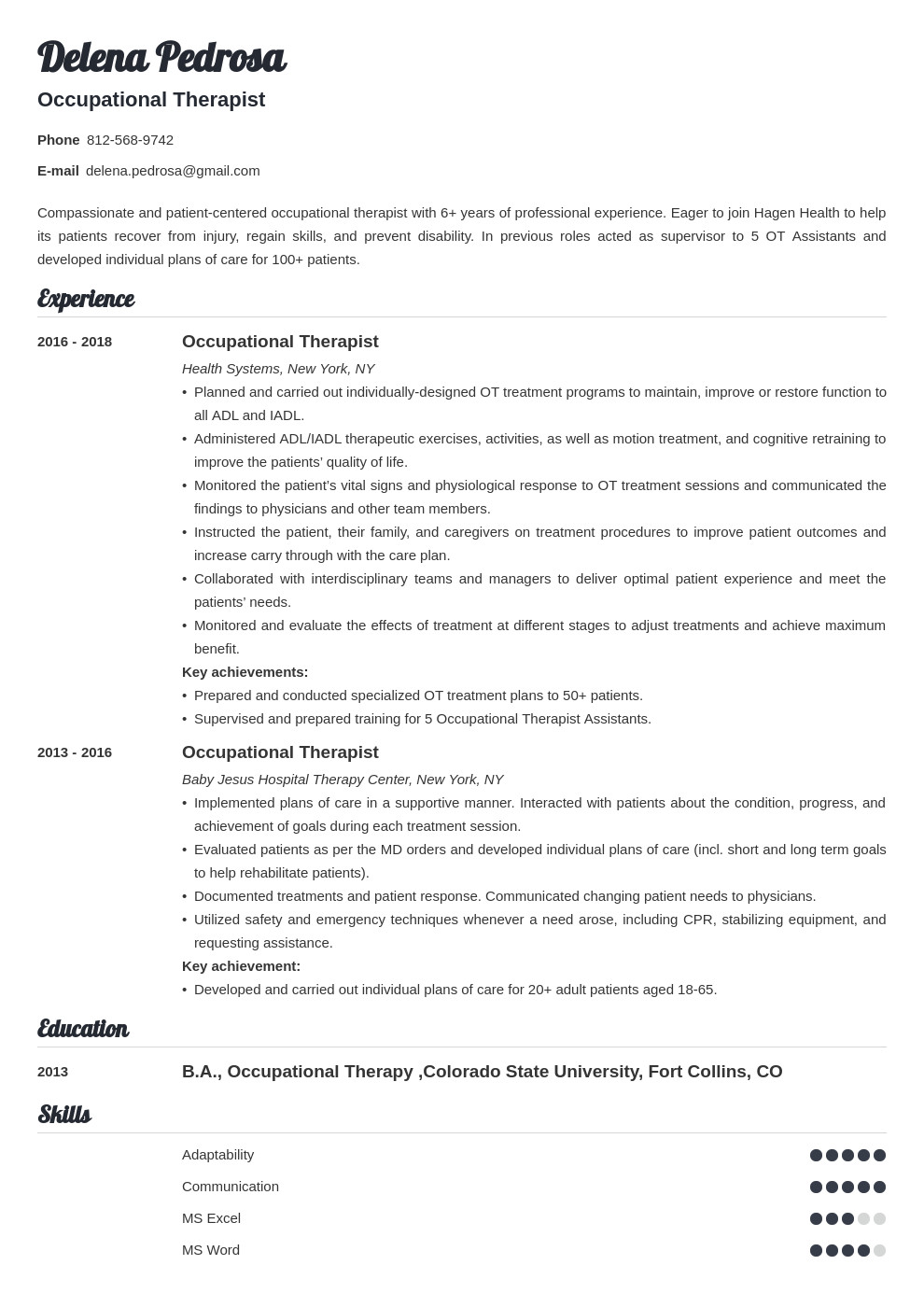 occupational therapy resume example