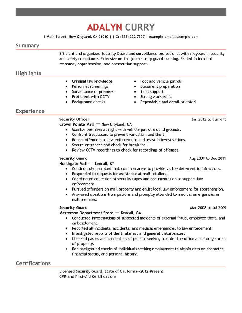 security guard resume example