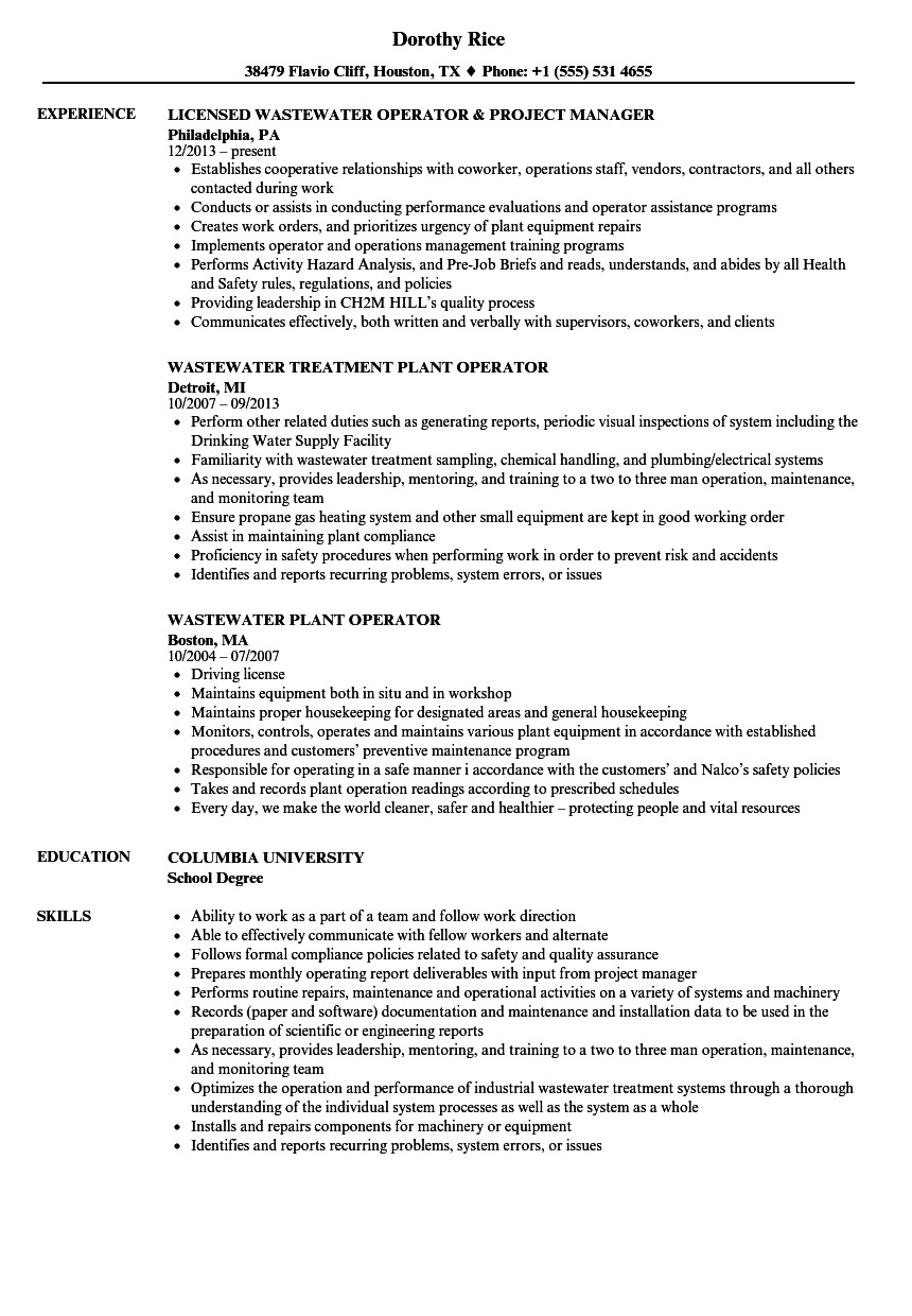 sewage plant operator cover letter