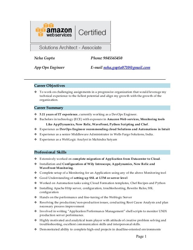 aws resume for 2 years experience pdf