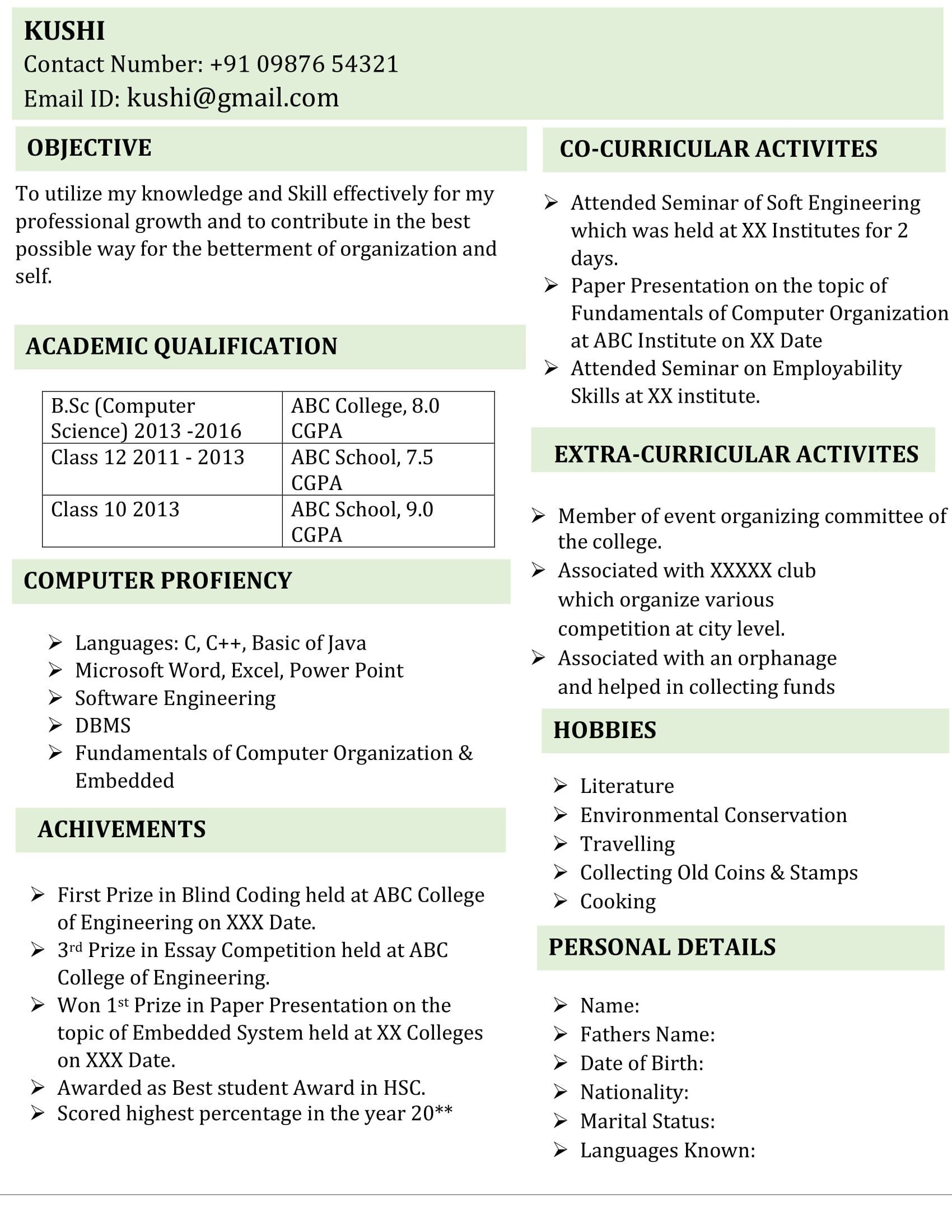 Be Computer Science Fresher Resume Sample Fresher B Sc Puter Science Resume Template 5 In Word