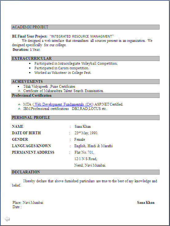 puter science fresher resume format