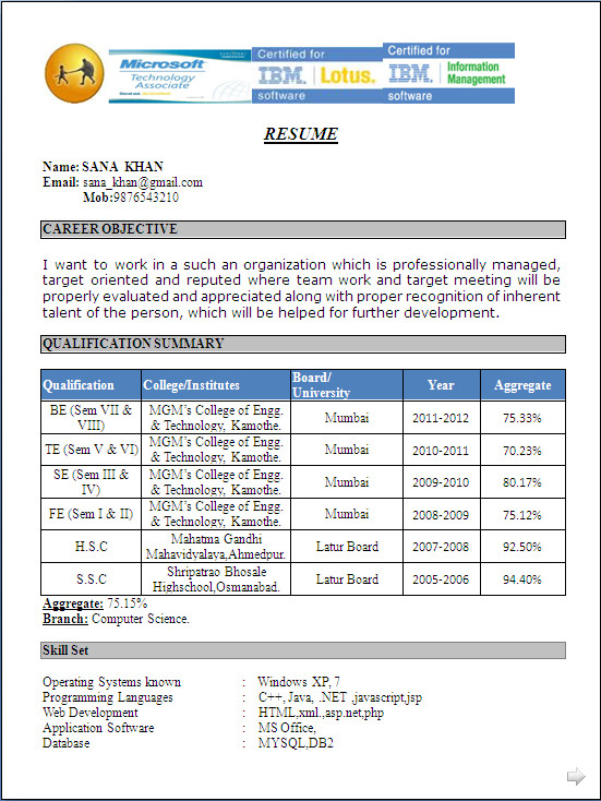 puter science fresher resume format