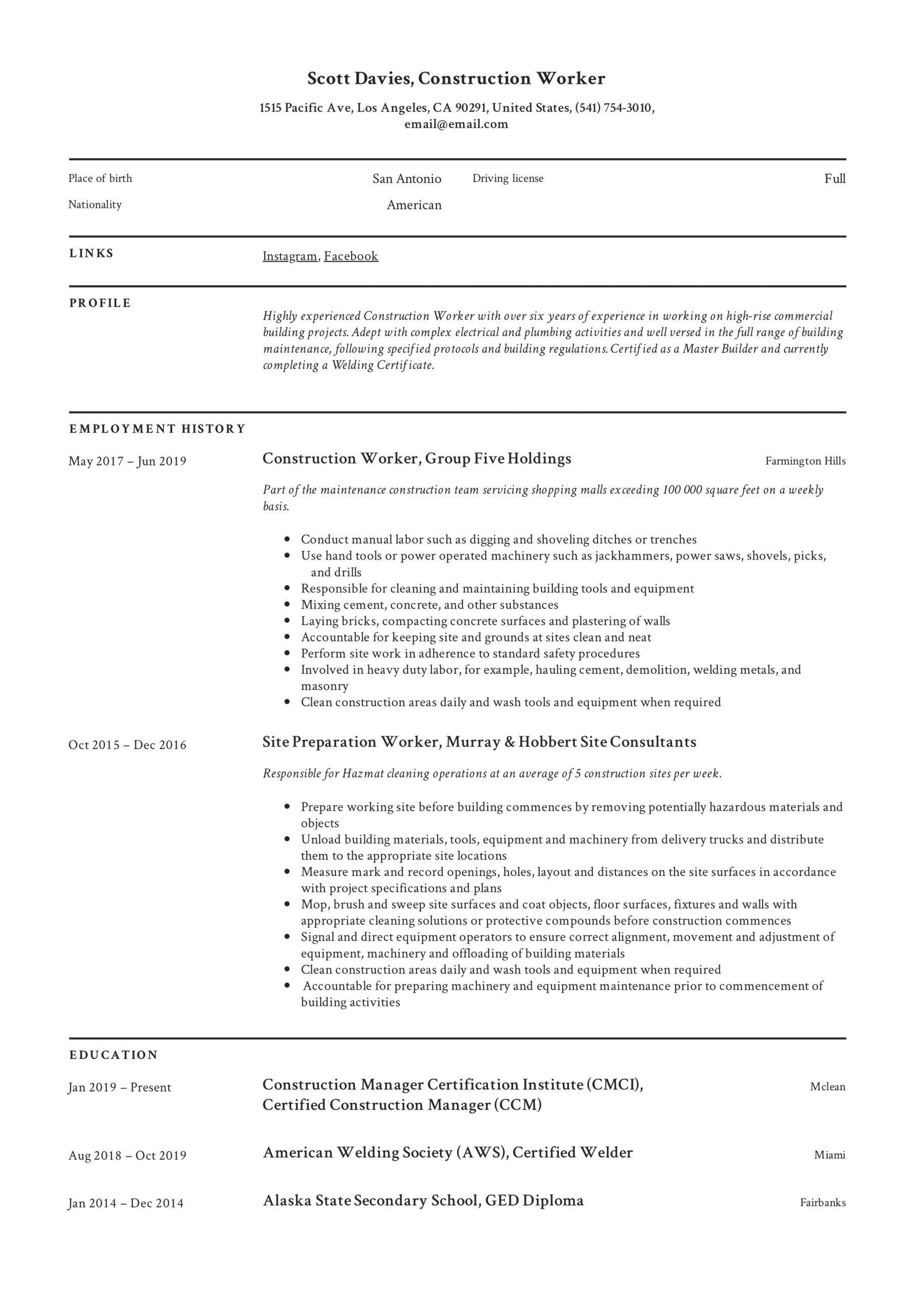Construction Worker Resume Examples and Samples Construction Worker Resume & Writing Guide  12 Templates 2020