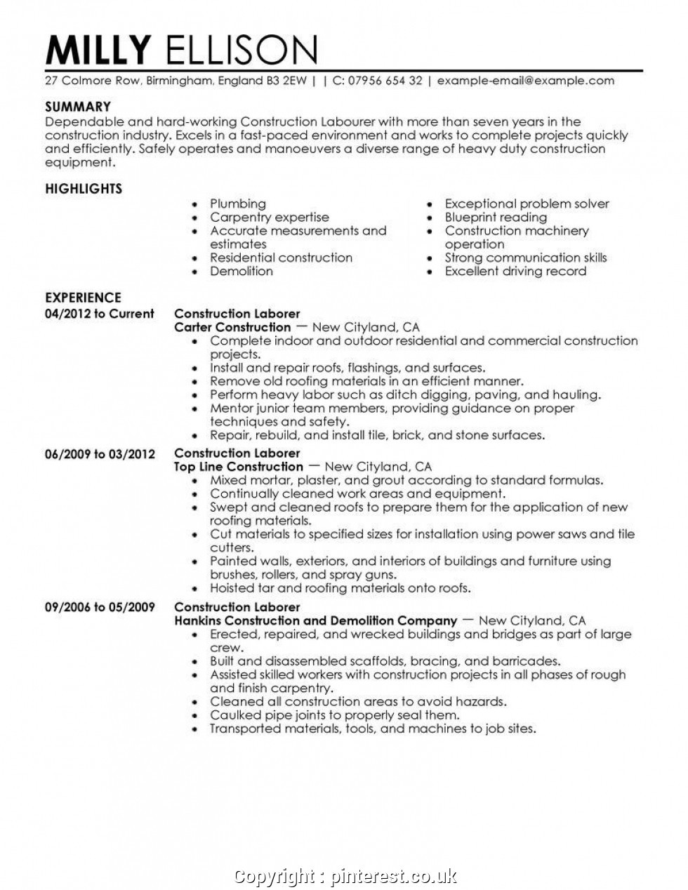 527 sample resume for a construction workerml