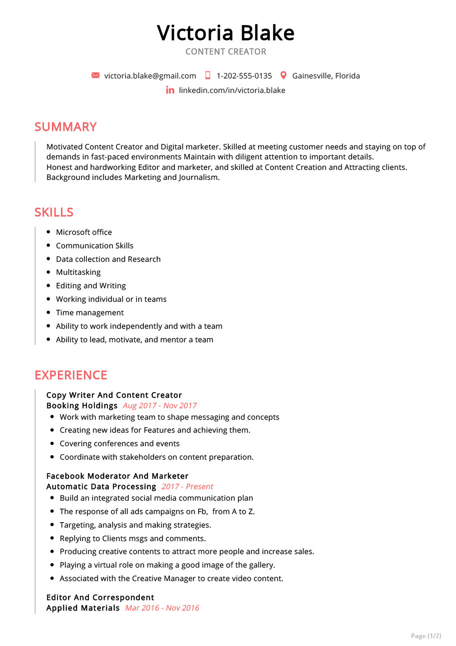 content creator resume example