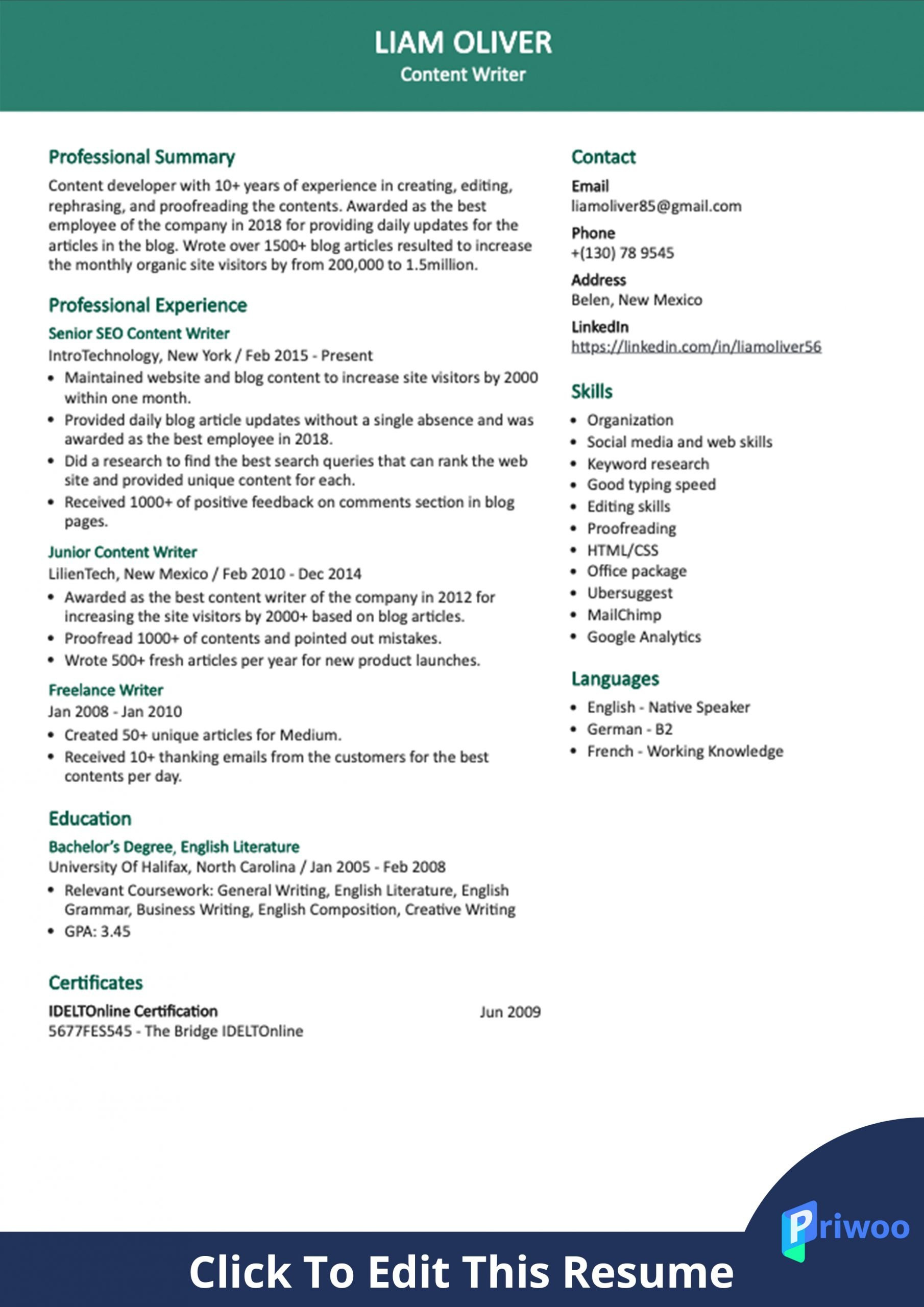 content writer resume sample