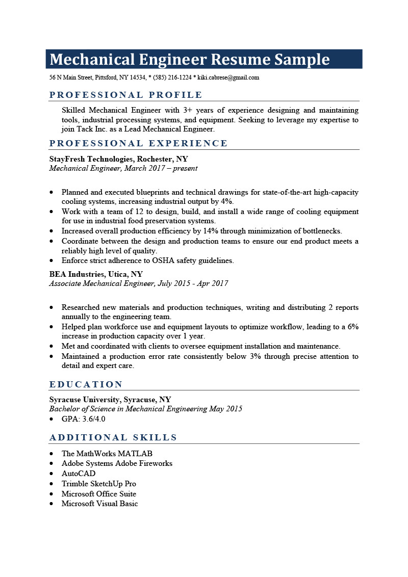 Experience Resume Sample for Mechanical Engineer Mechanical Engineer Resume Sample & Writing Tips
