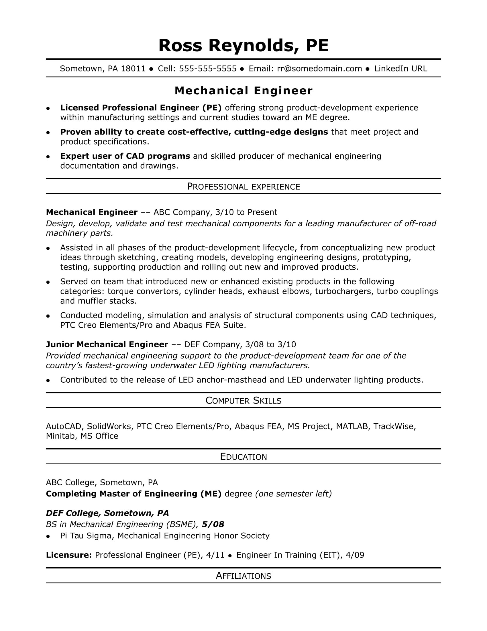 sample resume mechanical engineer midlevel