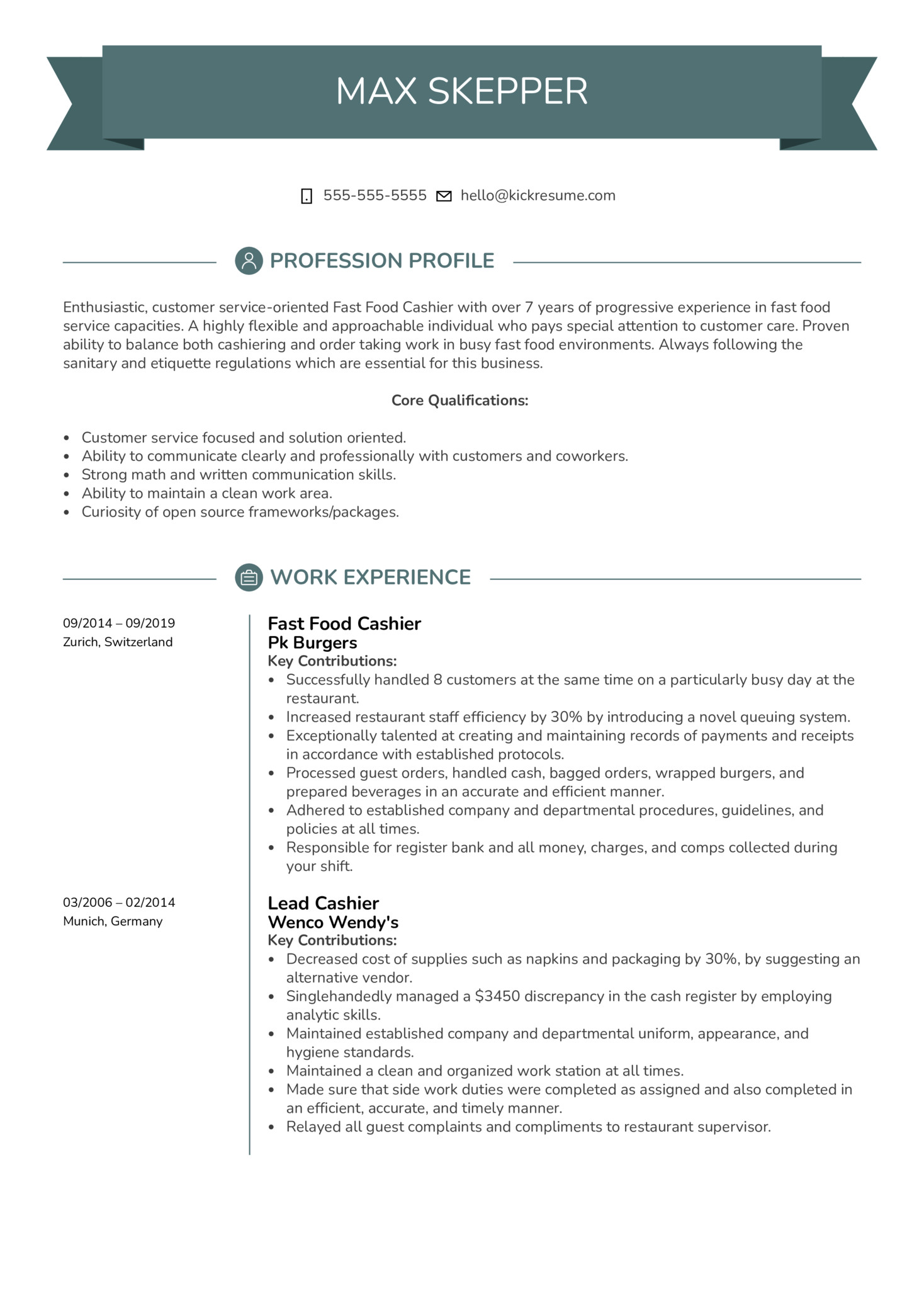 fast food cashier resume sample