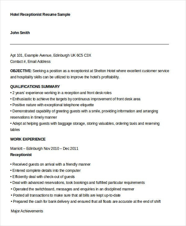 Hotel Front Desk Receptionist Resume Sample 10 Receptionist Resume Templates Pdf Doc